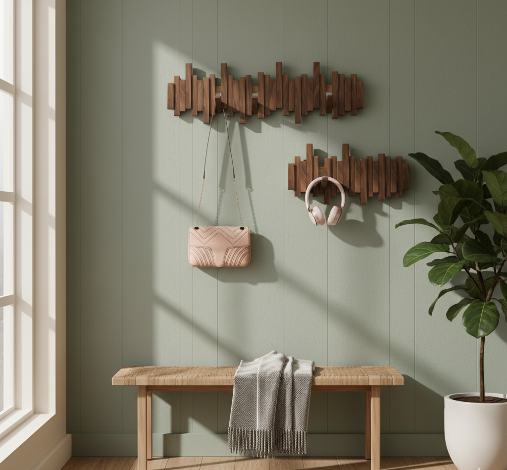 Wall-Mount Coat Rack with Wood Pegs – 3 to 8 Hook Styles in Walnut or Beech | Thomler