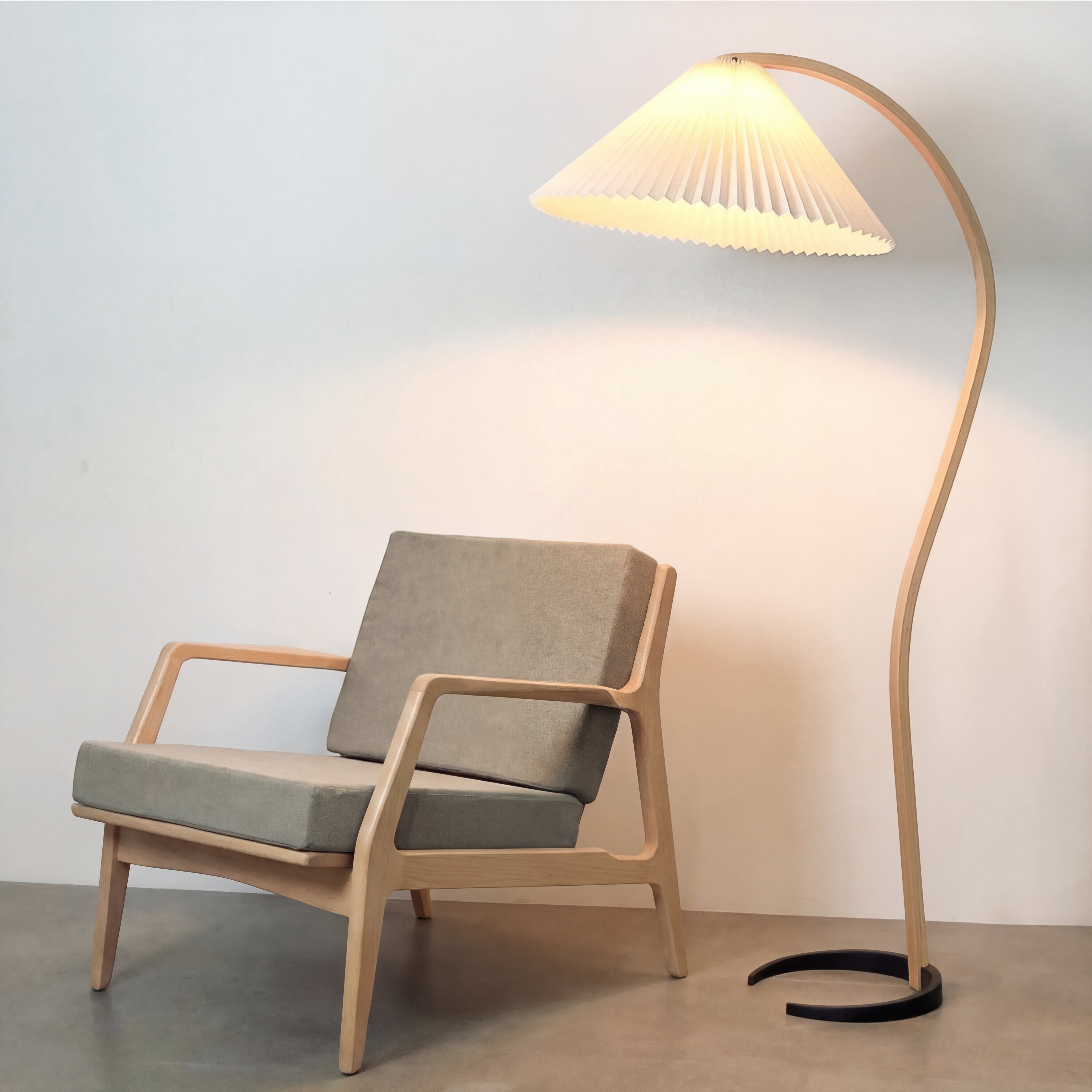 Pendant Floor Lamp Beech Wood Linen Ø75.0 cm x H150.0 cm Warm Living Room Lighting Scandinavian Organic Design Arc Light | Thomler