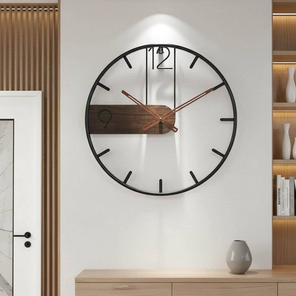 Quiet Wood & Metal Wall Clock | Round Timepiece 16-20 Inch | Battery Operated Silent Sweep for Bedroom Office Kitchen Living Room Decor | Thomler
