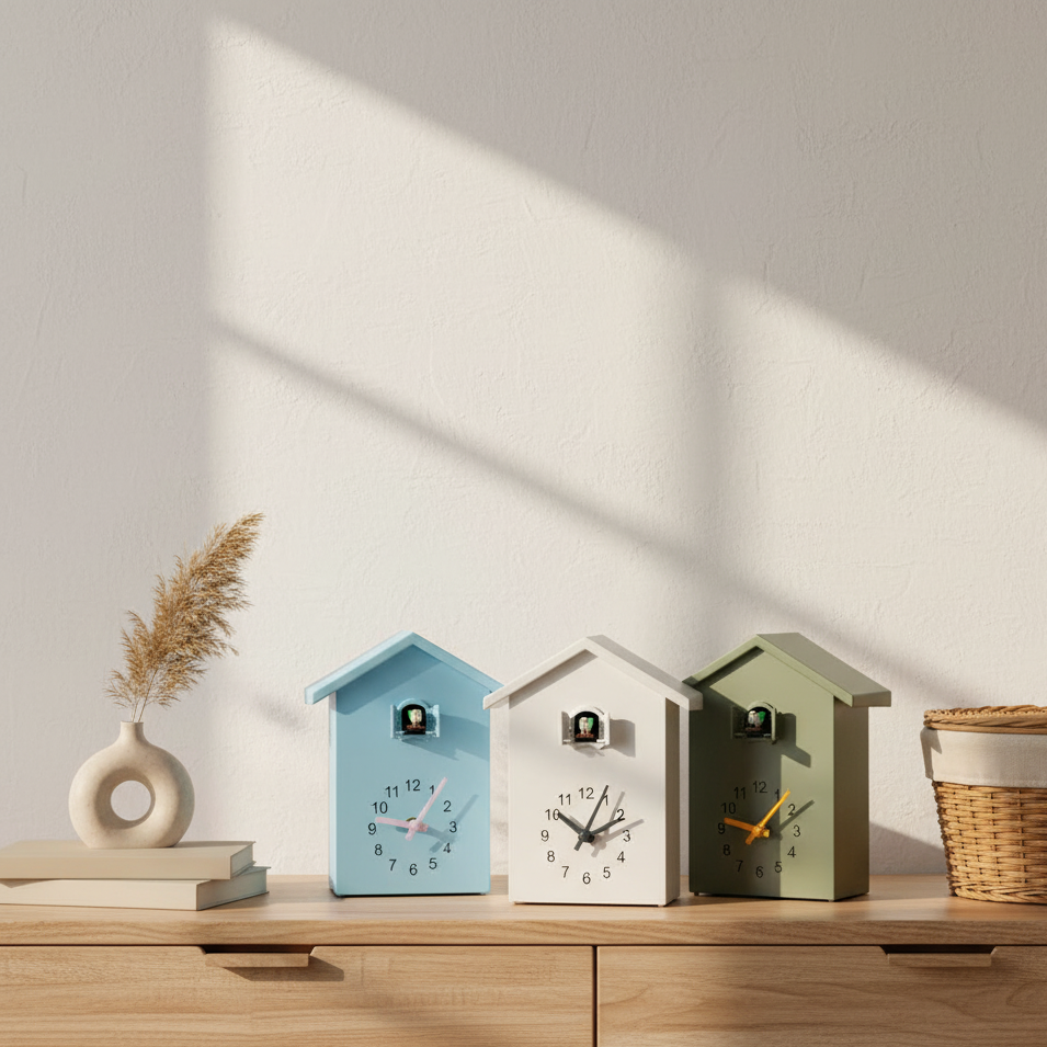 Quartz Wall Clock with Hourly Bird Call | Silent Movement Timepiece | Wood & Resin Construction for Living Room Kitchen Office | Modern | Thomler