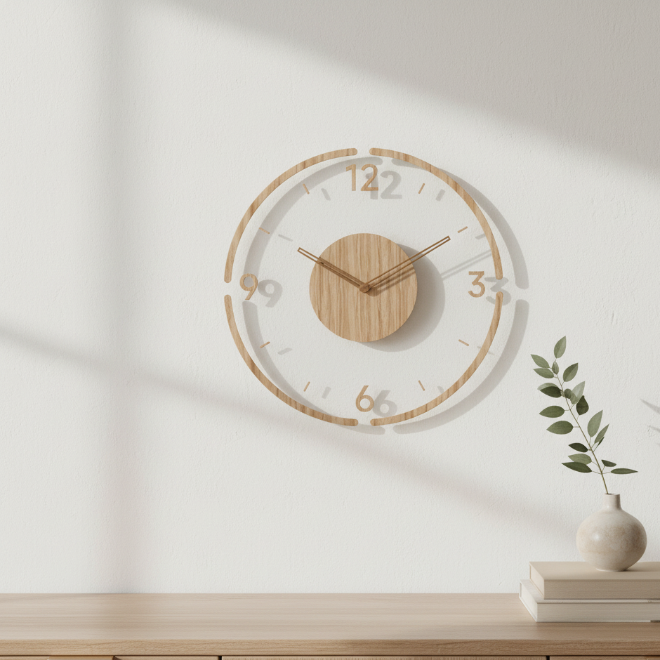13.8-Inch Round Wooden Wall Clock with Silent Movement – Natural Wood Grain Finish for Living Room, Bedroom, Office – Nordic Minimalist | Thomler