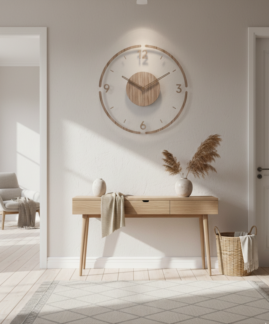 13.8-Inch Round Wooden Wall Clock with Silent Movement – Natural Wood Grain Finish for Living Room, Bedroom, Office – Nordic Minimalist | Thomler