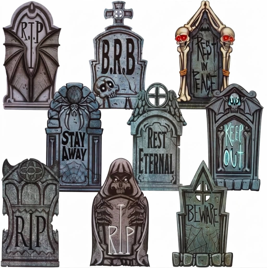 16-Inch Graveyard Tombstone Set with Ground Stakes for Outdoor Halloween Display – 9-Piece Collection | Thomler