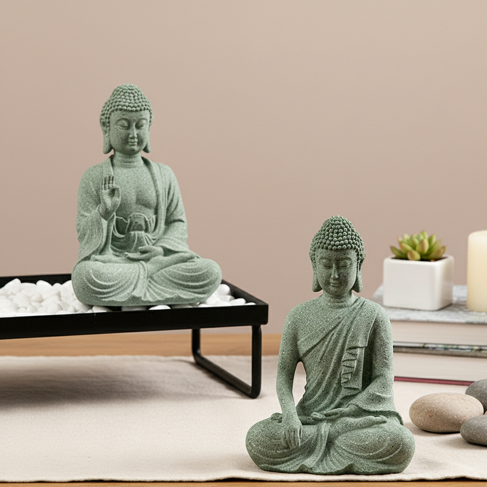Seated Buddha Figurine in Green Sandstone for Desk, Shelf & Fish Tank Decor | Thomler