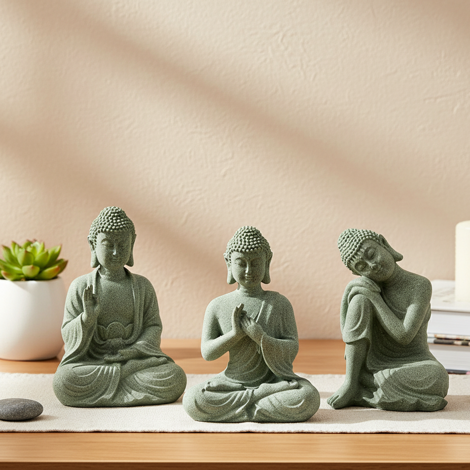 Seated Buddha Figurine in Green Sandstone for Desk, Shelf & Fish Tank Decor | Thomler