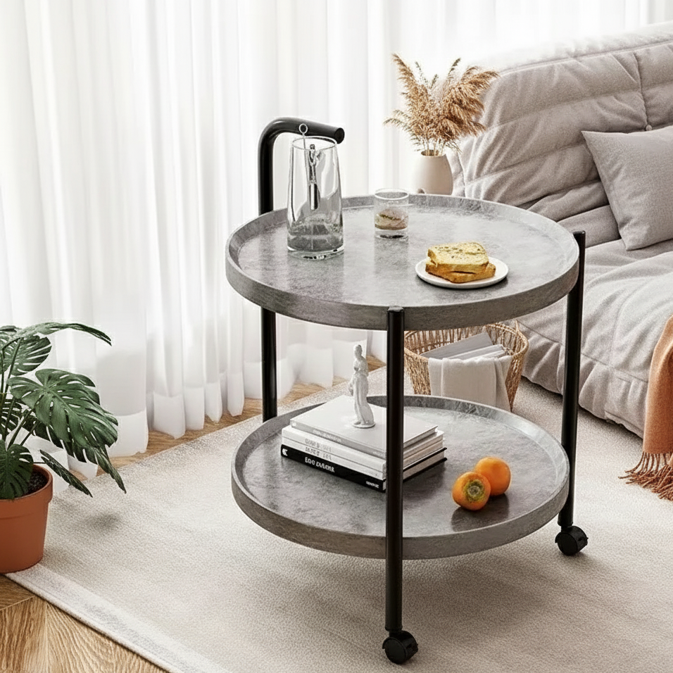 Rolling Wood Side Table with Two Shelves for Living Room & Small Spaces | Thomler