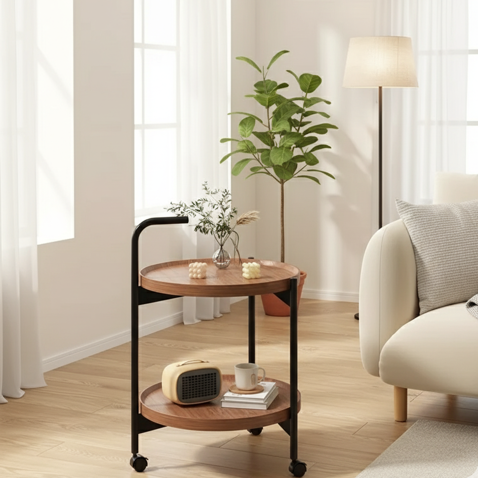 Rolling Wood Side Table with Two Shelves for Living Room & Small Spaces | Thomler