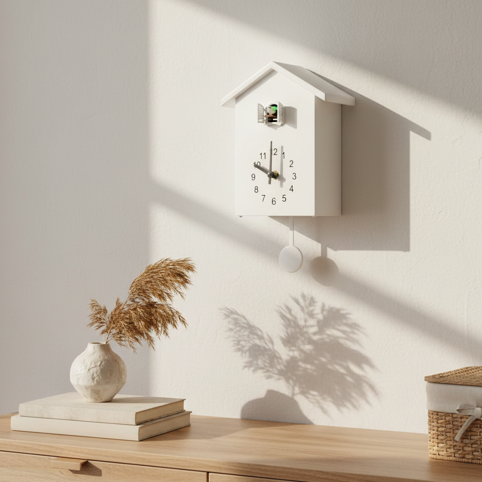 Quartz Wall Clock with Hourly Bird Call | Silent Movement Timepiece | Wood & Resin Construction for Living Room Kitchen Office | Modern | Thomler