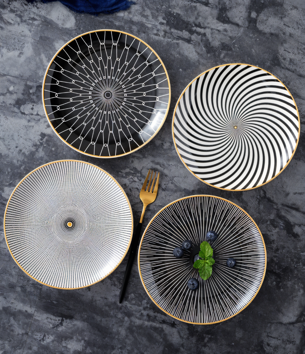 Porcelain Plate 25.0 cm (9.8") Geometric Black White Dining Table Serving Decorative Dinnerware Gold Rim Collection | Thomler