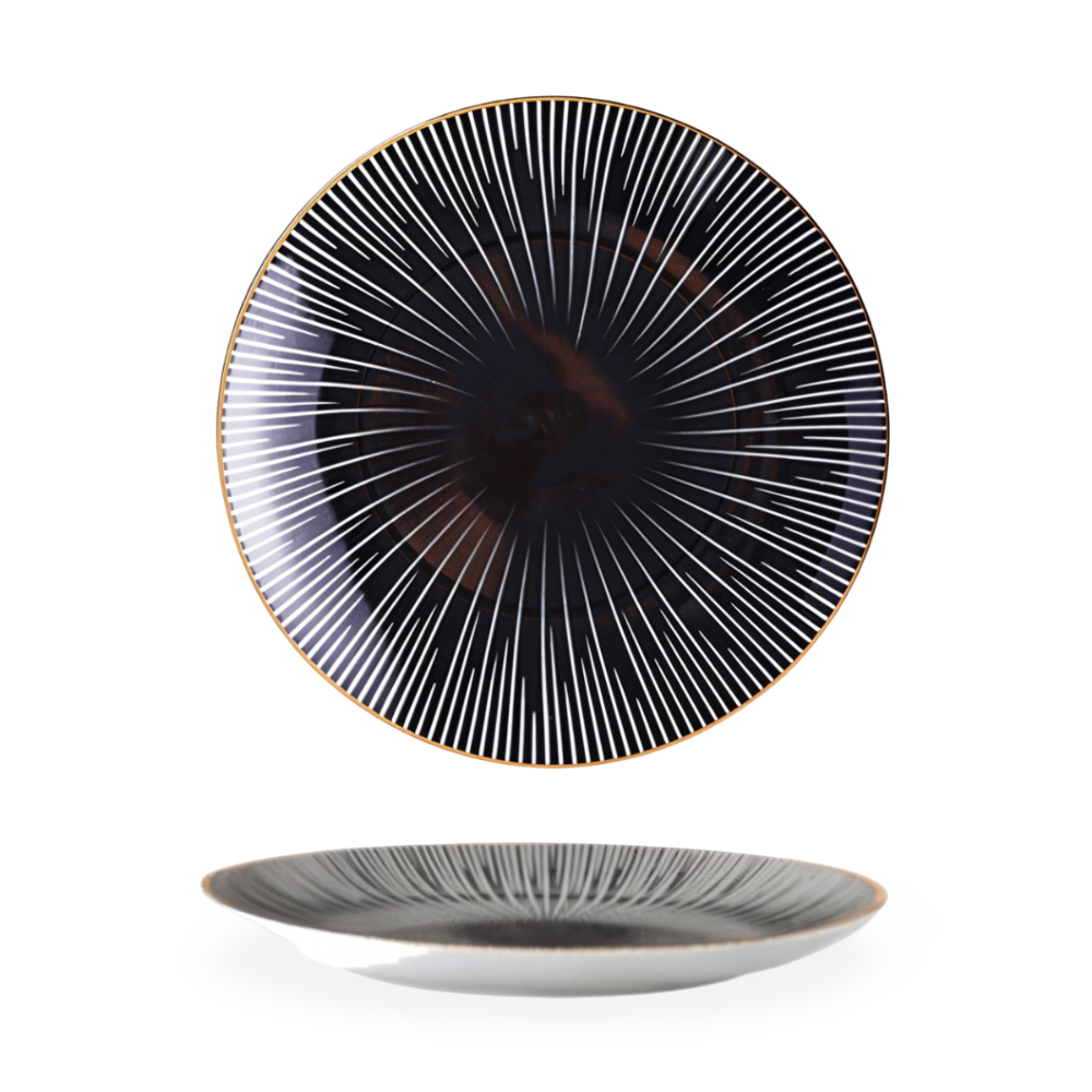 Porcelain Plate 25.0 cm (9.8") Geometric Black White Dining Table Serving Decorative Dinnerware Gold Rim Collection | Thomler