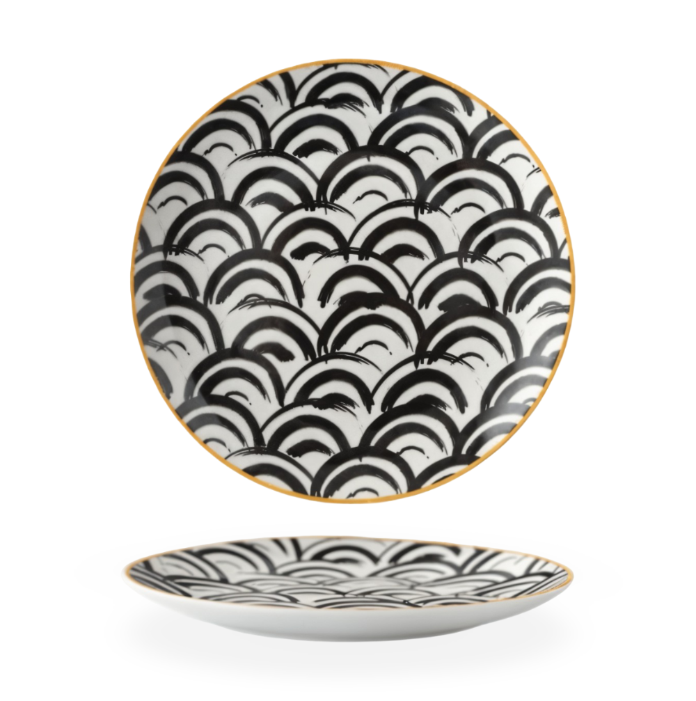 Porcelain Plate 25.0 cm (9.8") Geometric Black White Dining Table Serving Decorative Dinnerware Gold Rim Collection | Thomler