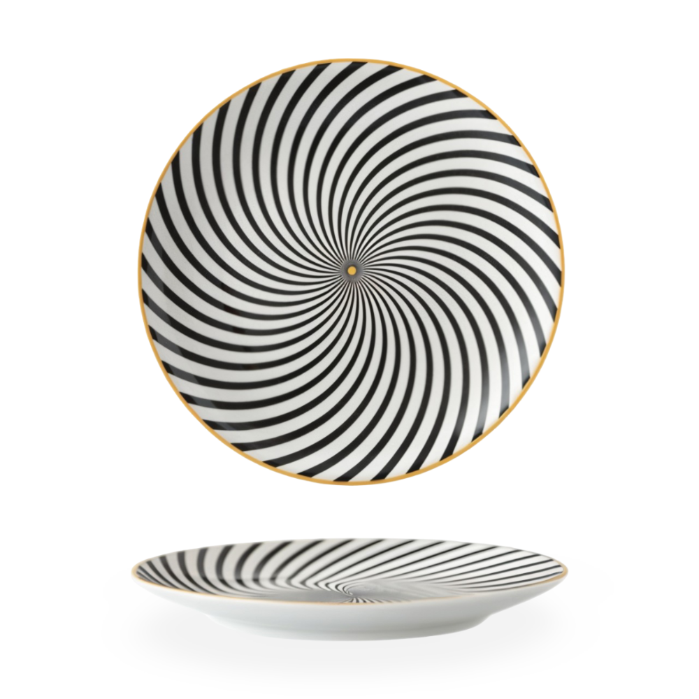 Porcelain Plate 25.0 cm (9.8") Geometric Black White Dining Table Serving Decorative Dinnerware Gold Rim Collection | Thomler