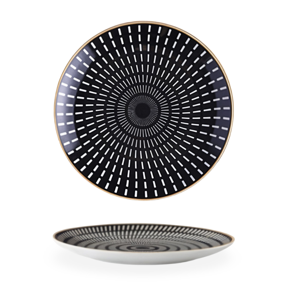 Porcelain Plate 25.0 cm (9.8") Geometric Black White Dining Table Serving Decorative Dinnerware Gold Rim Collection | Thomler