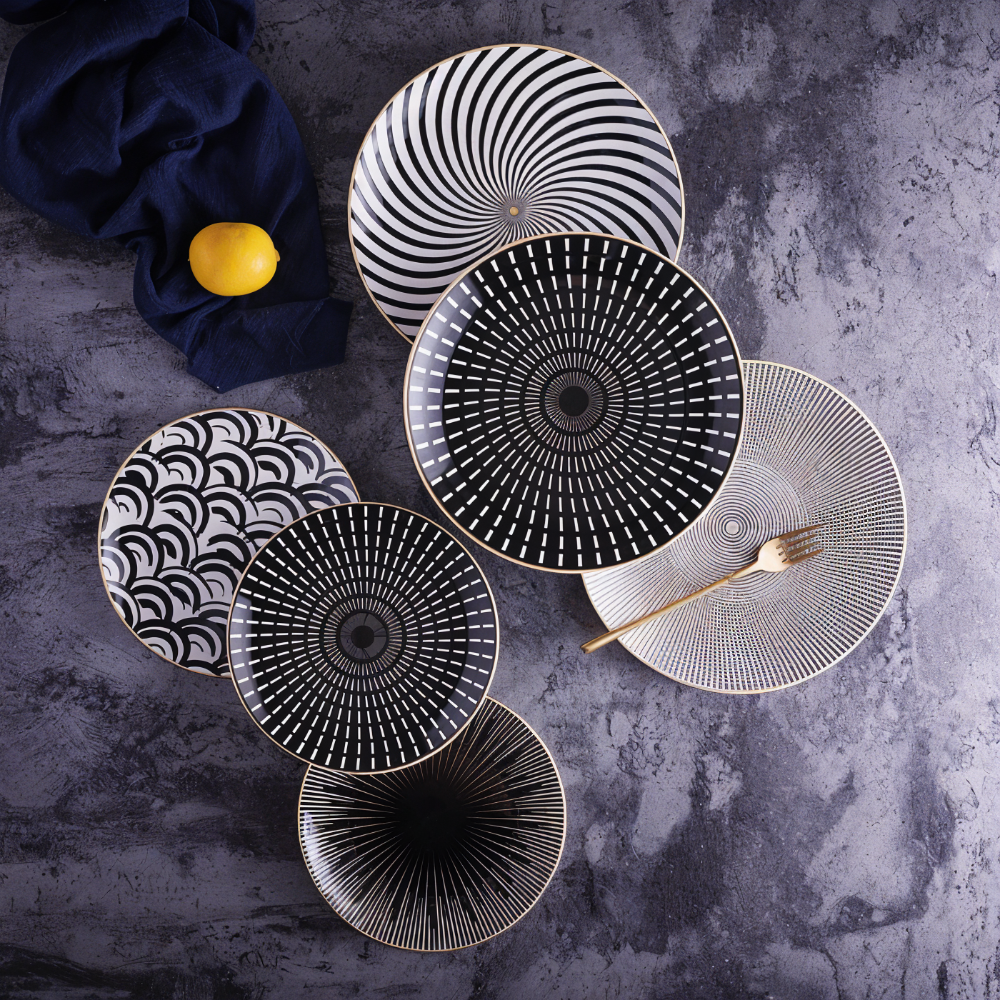 Porcelain Plate 25.0 cm (9.8") Geometric Black White Dining Table Serving Decorative Dinnerware Gold Rim Collection | Thomler