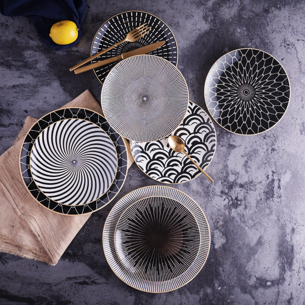 Porcelain Plate 25.0 cm (9.8") Geometric Black White Dining Table Serving Decorative Dinnerware Gold Rim Collection | Thomler