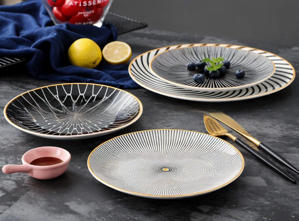 Porcelain Plate 25.0 cm (9.8") Geometric Black White Dining Table Serving Decorative Dinnerware Gold Rim Collection | Thomler