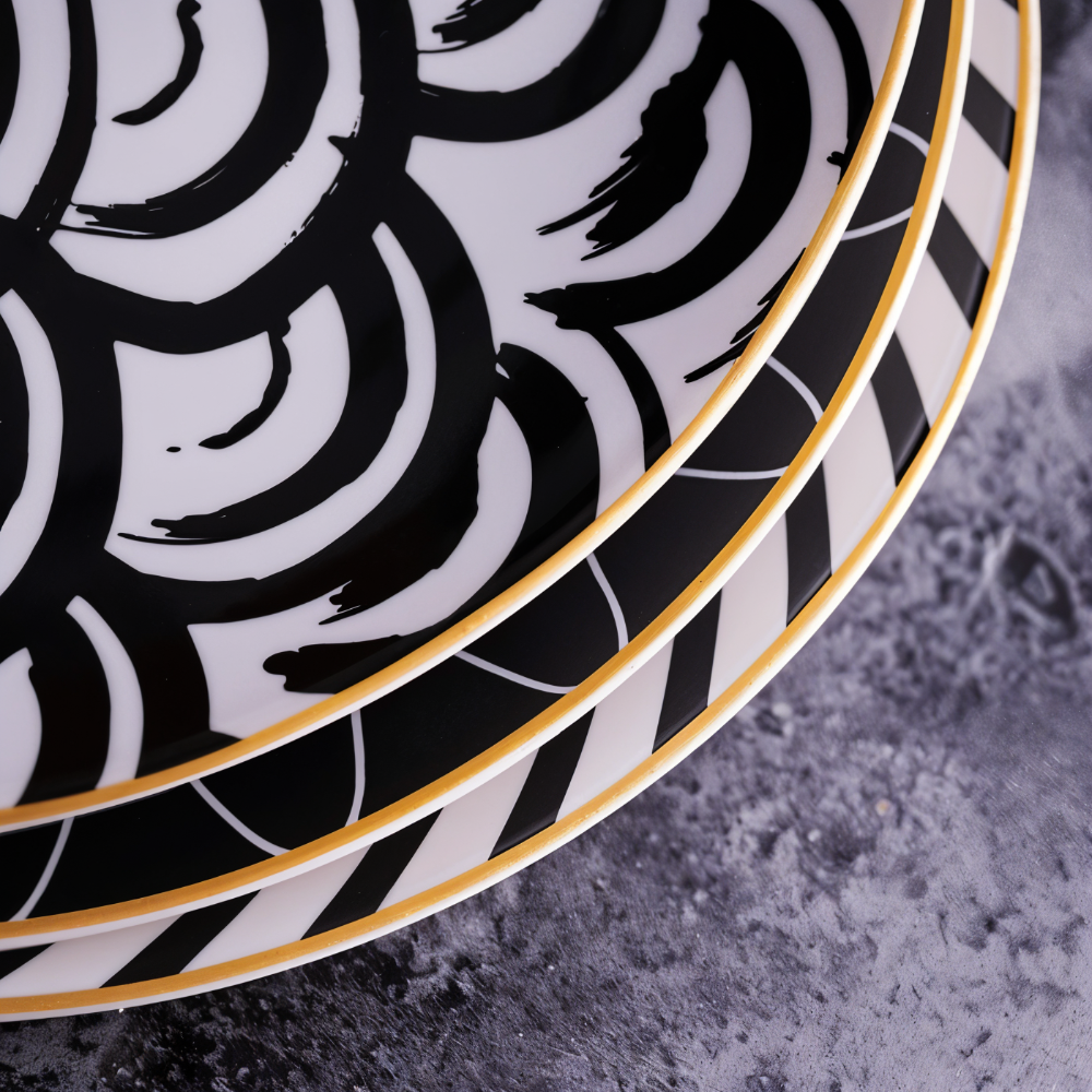 Porcelain Plate 25.0 cm (9.8") Geometric Black White Dining Table Serving Decorative Dinnerware Gold Rim Collection | Thomler