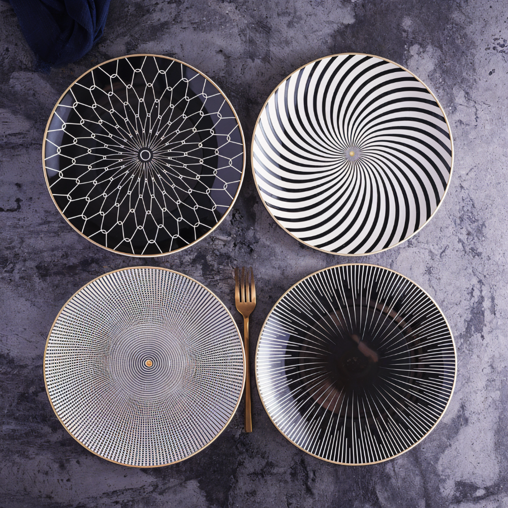 Porcelain Plate 25.0 cm (9.8") Geometric Black White Dining Table Serving Decorative Dinnerware Gold Rim Collection | Thomler