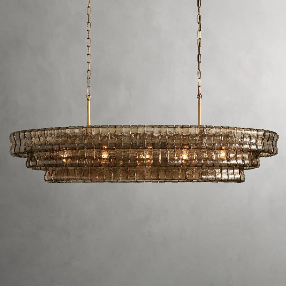 Oval Statement Chandelier Steel Frame Curved Glass Panels Adjustable Drop 5 or 12 Bulbs Dining Room Foyer | Thomler