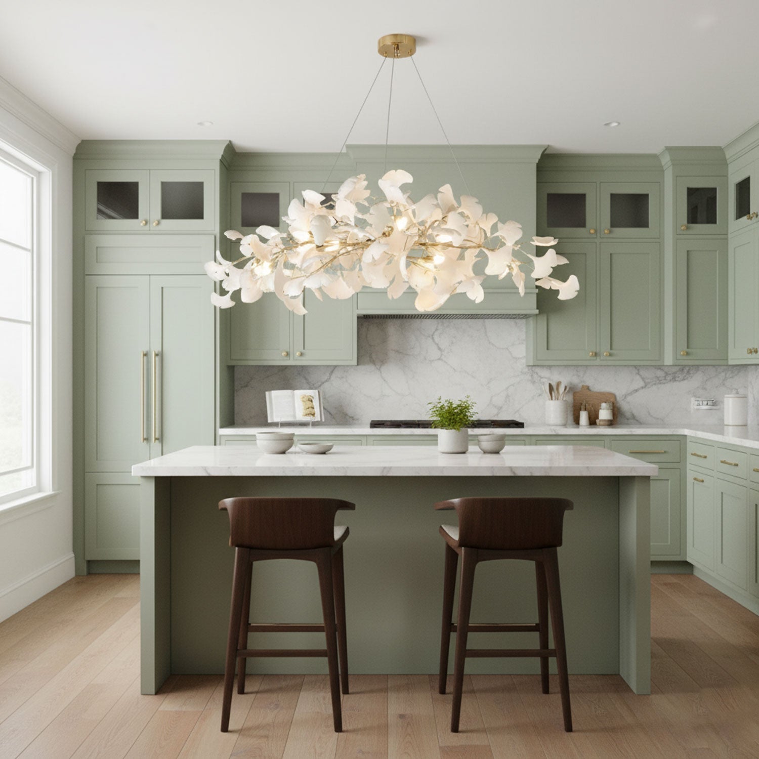 Ginkgo Tree Ceramic Petal Chandelier 70 in x 27.6 in Gold Indoor Ceiling Light | Thomler