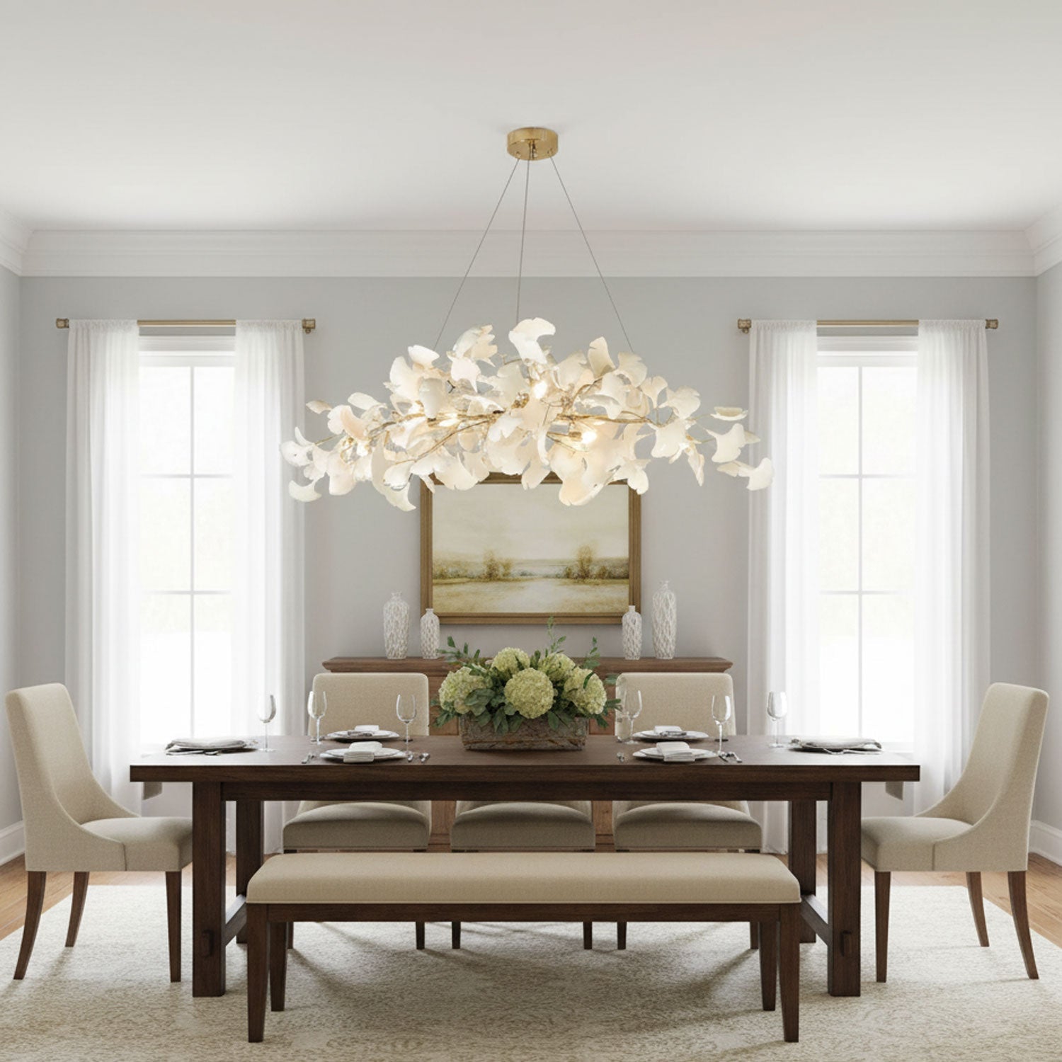 Ginkgo Tree Ceramic Petal Chandelier 70 in x 27.6 in Gold Indoor Ceiling Light | Thomler