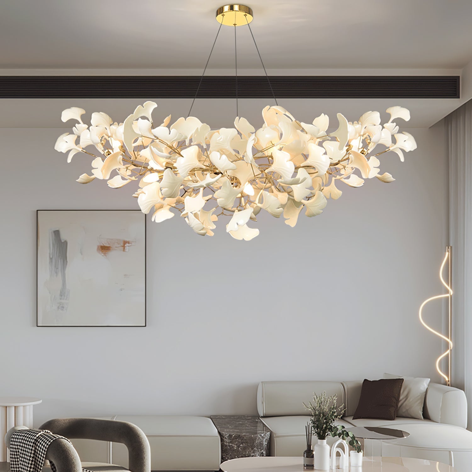 Pendant Light Porcelain Leaf LED Adjustable Height White Dining Room Living Room Chandelier Modern Ceiling Lighting | Thomler