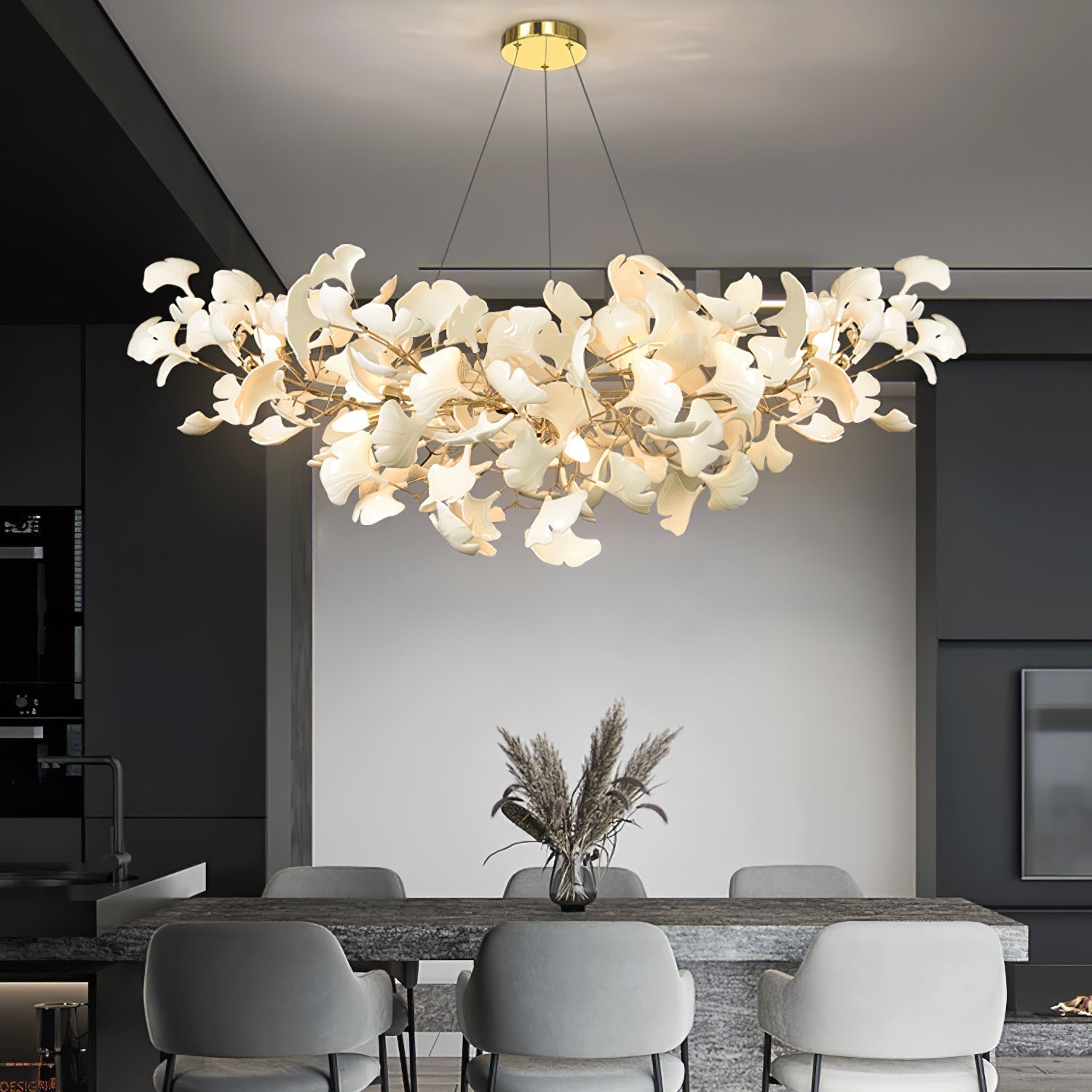Pendant Light Porcelain Leaf LED Adjustable Height White Dining Room Living Room Chandelier Modern Ceiling Lighting | Thomler