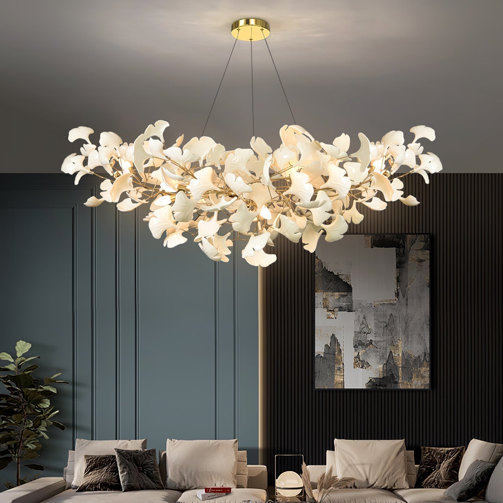 Pendant Light Porcelain Leaf LED Adjustable Height White Dining Room Living Room Chandelier Modern Ceiling Lighting | Thomler