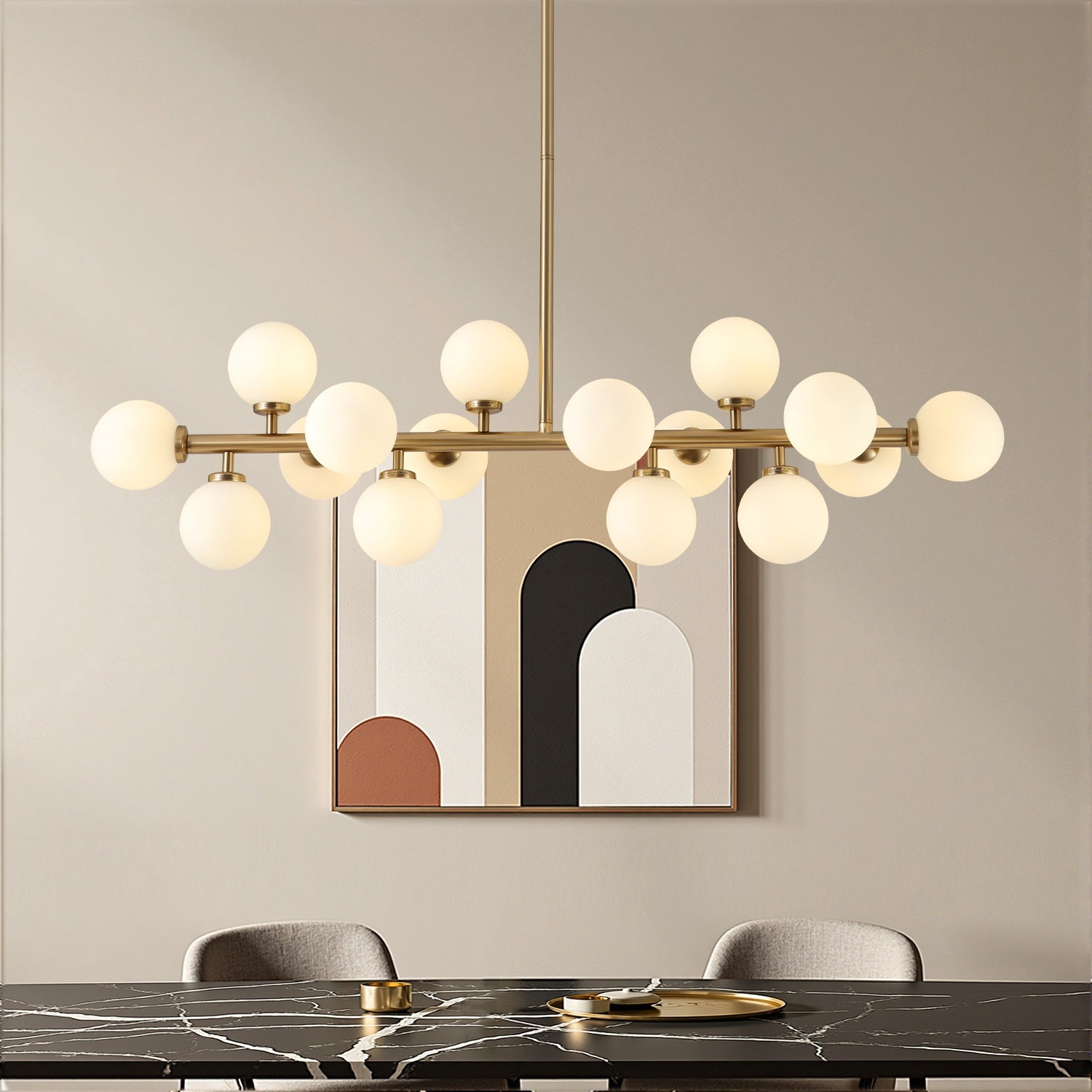 16-Light Linear Island Chandelier with Frosted Glass Globes Gold Finish for Dining Room Kitchen | Thomler