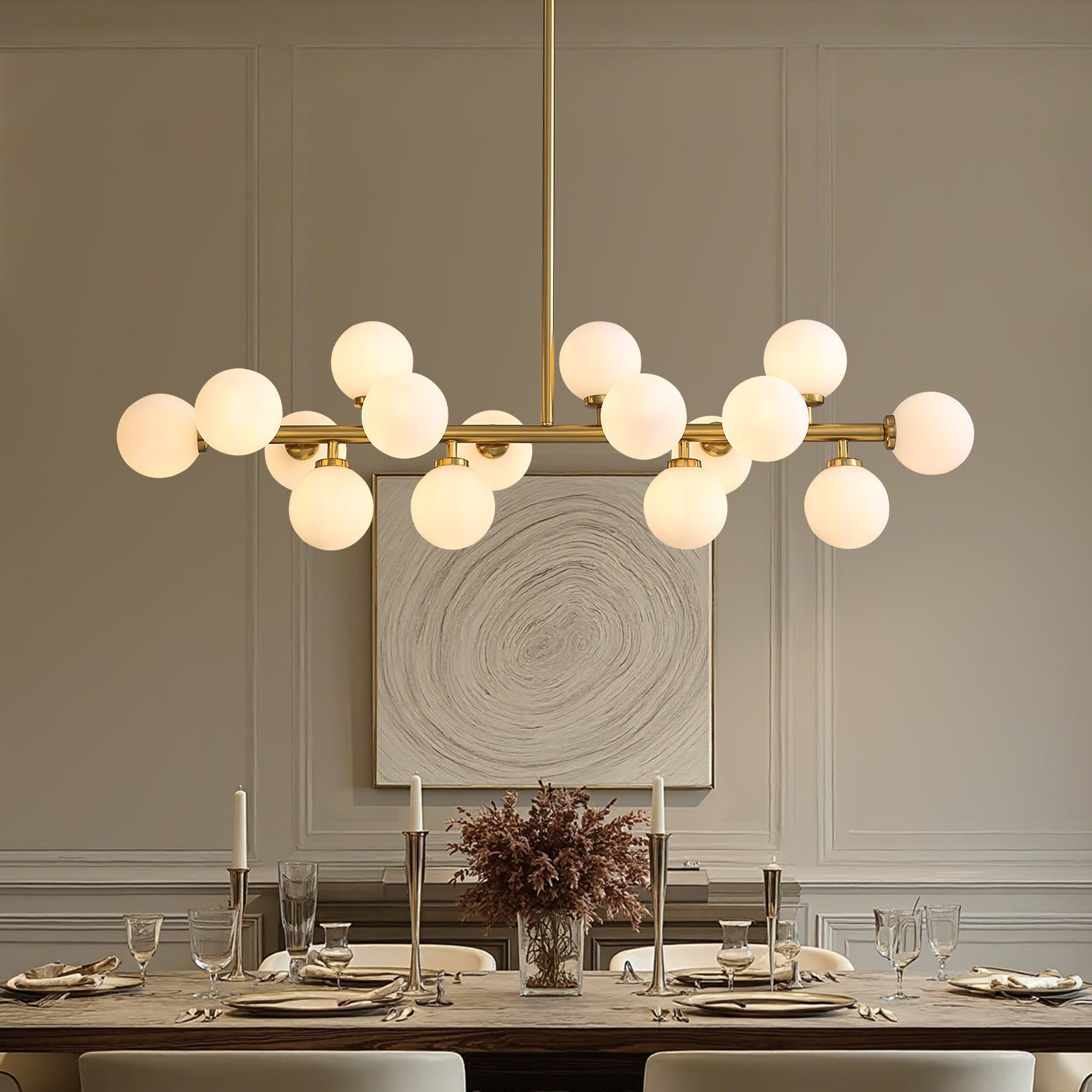16-Light Linear Island Chandelier with Frosted Glass Globes Gold Finish for Dining Room Kitchen | Thomler