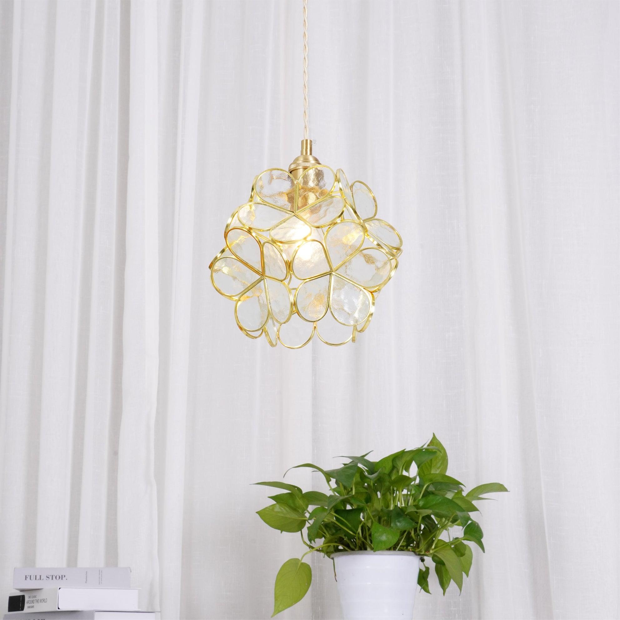 Pendant Light Brass Glass 7.9 in Petal Shape Indoor Ceiling Lamp Adjustable Hanging Height | Thomler