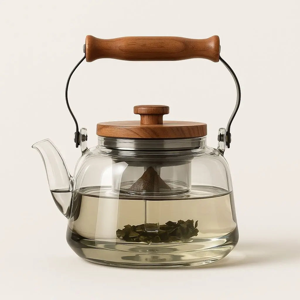 Teapot Borosilicate Glass 1.0 L Wooden Handle Tea Brewing Loose Leaf Infuser Serving Pot For Daily Use And Entertaining | Thomler