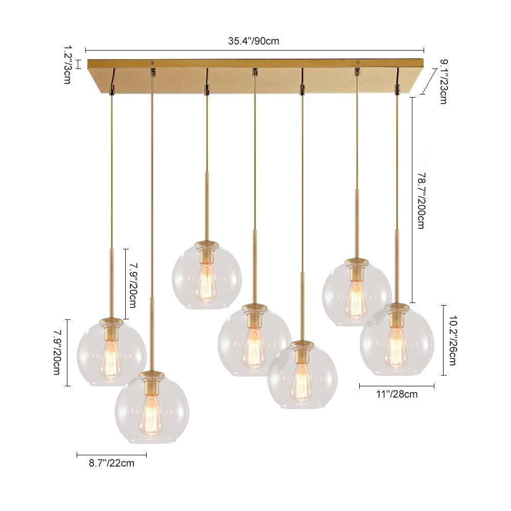 Pendant Light Glass Sphere 90.0 cm Brass Kitchen Island Dining Room Adjustable Seven Light Ceiling Fixture | Thomler