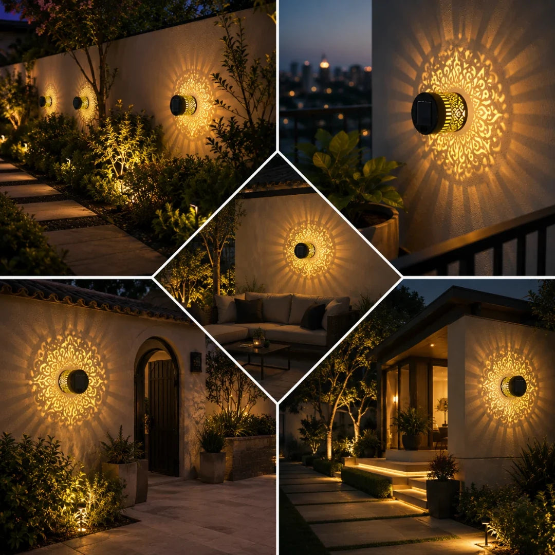 Solar LED Pattern Projector Wall Light – Weather-Resistant Metal Fixture for Patios & Gardens | Thomler