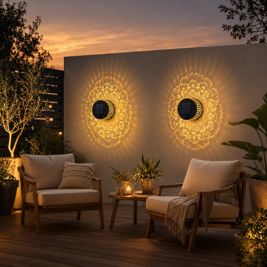 Solar LED Pattern Projector Wall Light – Weather-Resistant Metal Fixture for Patios & Gardens | Thomler