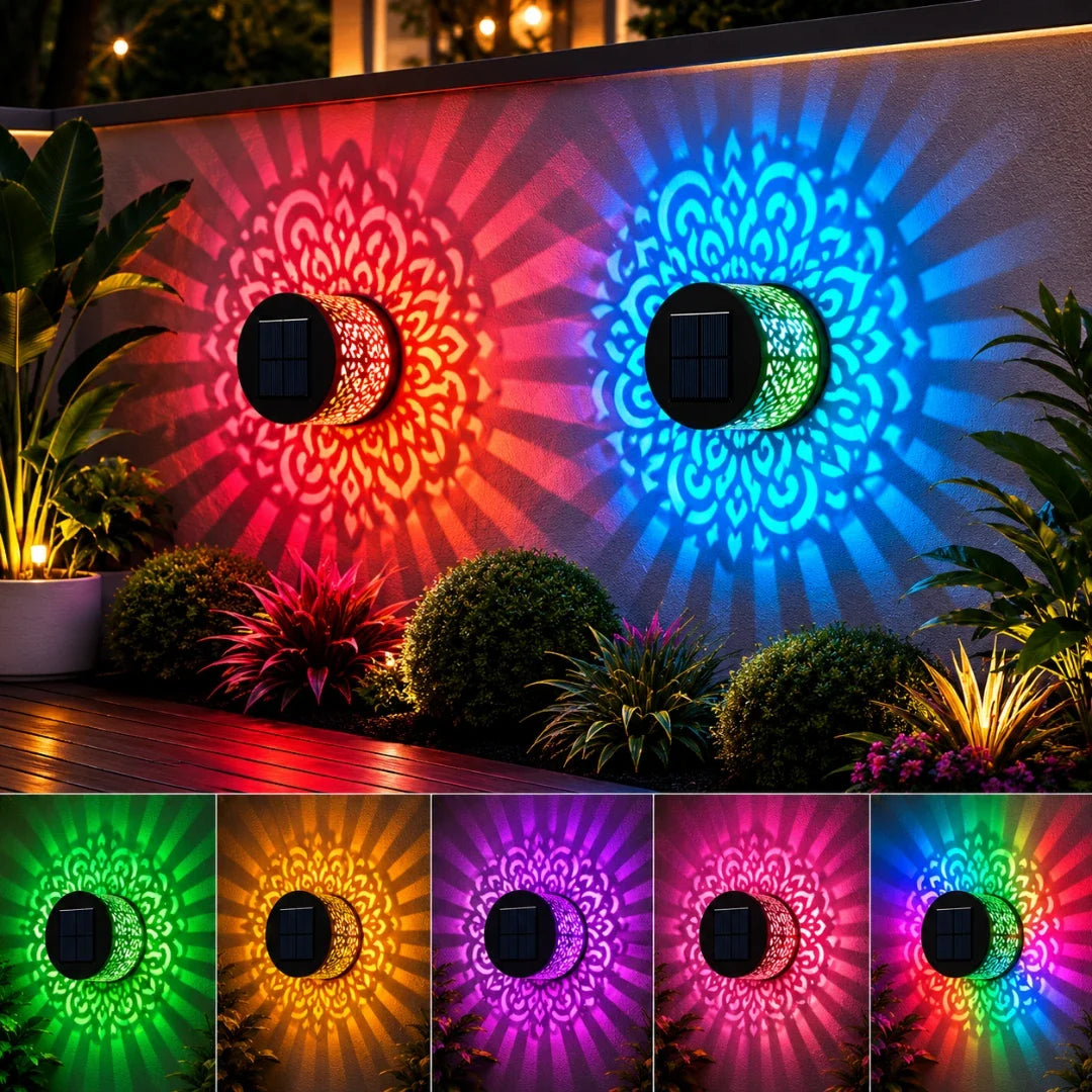 Solar LED Pattern Projector Wall Light – Weather-Resistant Metal Fixture for Patios & Gardens | Thomler