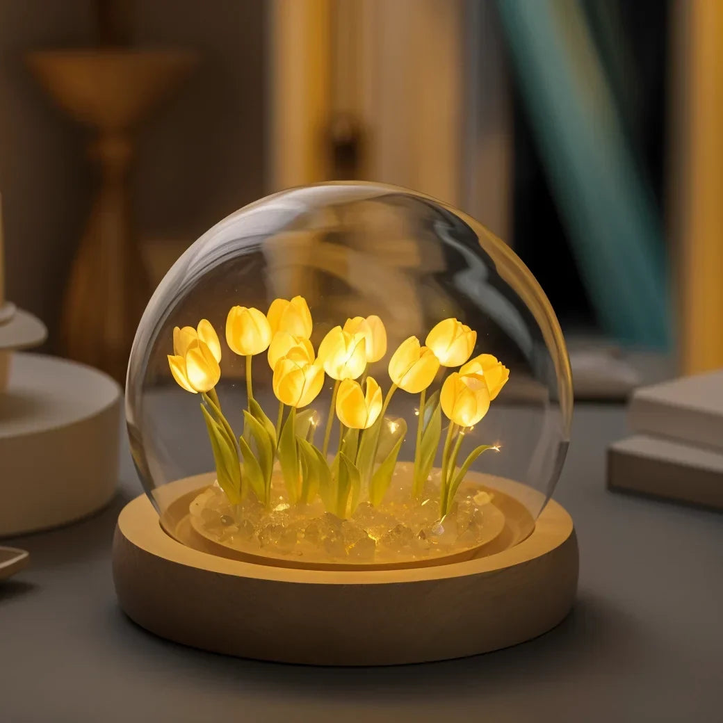 LED Tulip Dome Light DIY Craft Kit with Glass Globe 13 Flowers Battery Operated Table Accent Lamp for Bedroom Living Room Nightstand Decor | Thomler