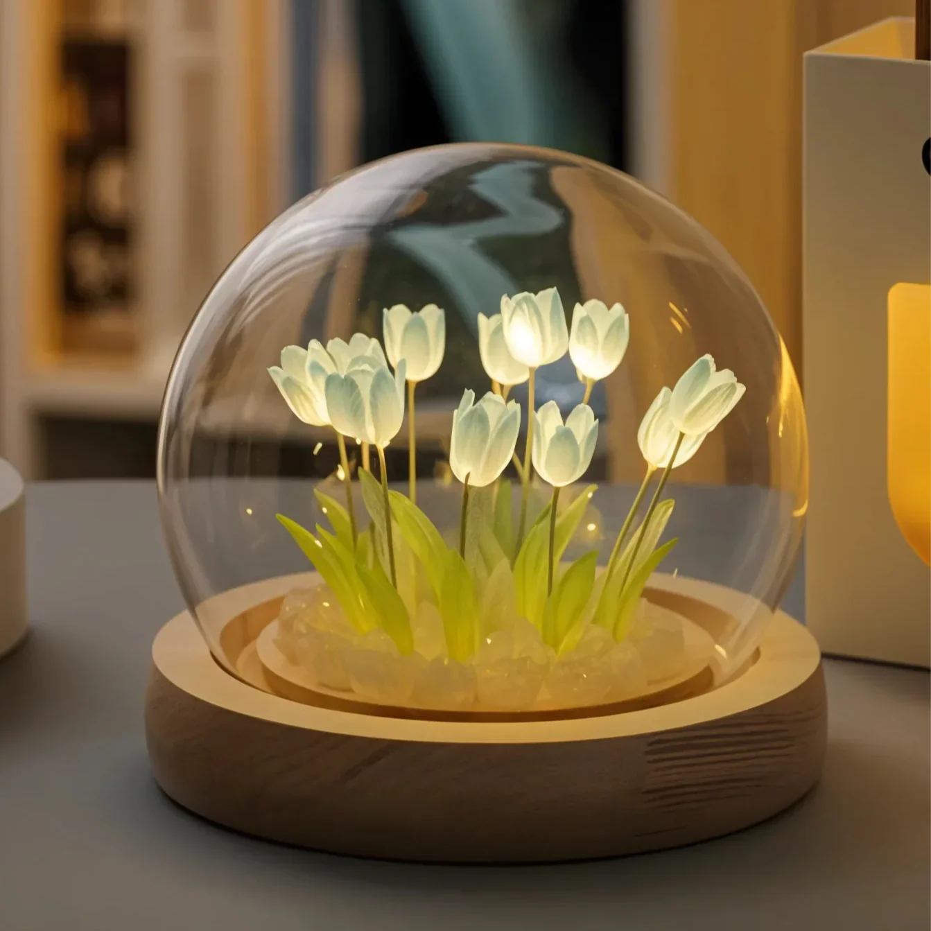 LED Tulip Dome Light DIY Craft Kit with Glass Globe 13 Flowers Battery Operated Table Accent Lamp for Bedroom Living Room Nightstand Decor | Thomler