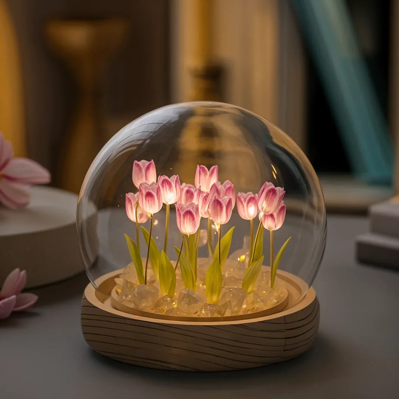 LED Tulip Dome Light DIY Craft Kit with Glass Globe 13 Flowers Battery Operated Table Accent Lamp for Bedroom Living Room Nightstand Decor | Thomler