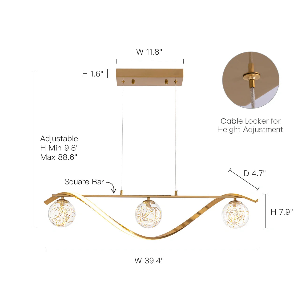 Pendant Light Metal Glass Linear 39.4 in Gold LED Dining Kitchen Island Chandelier Modern Minimalist Hanging Fixture | Thomler
