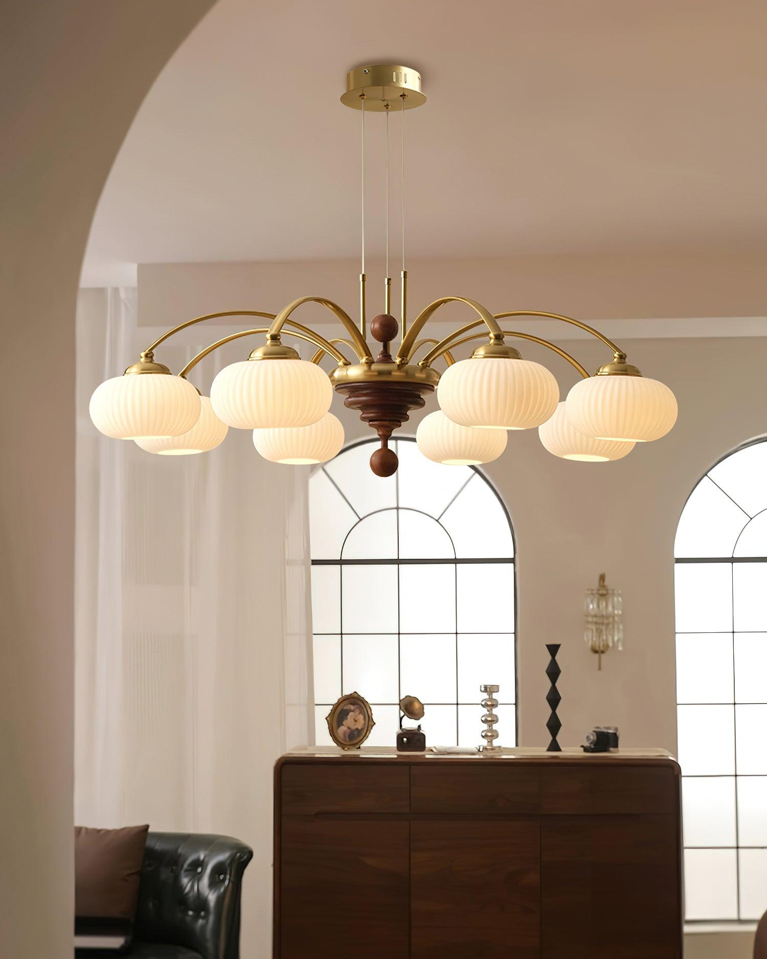 Multi-Light Wood & Glass Statement Fixture for Dining Rooms | Mixed Material Ceiling Light with Ribbed Shades | Modern Ambient Overhead Ligh | Thomler