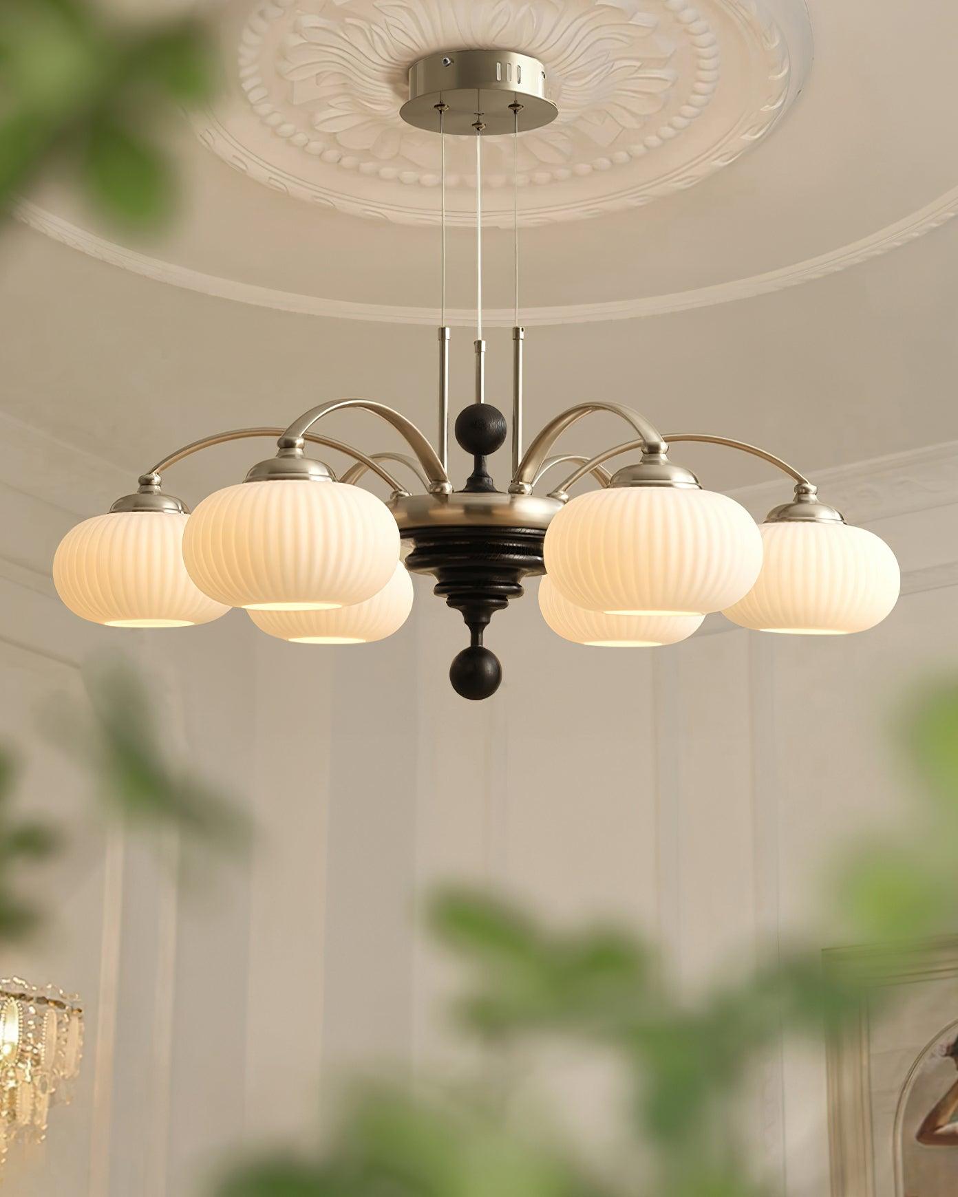 Multi-Light Wood & Glass Statement Fixture for Dining Rooms | Mixed Material Ceiling Light with Ribbed Shades | Modern Ambient Overhead Ligh | Thomler