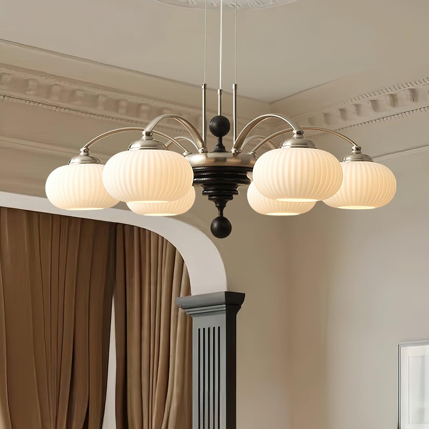 Multi-Light Wood & Glass Statement Fixture for Dining Rooms | Mixed Material Ceiling Light with Ribbed Shades | Modern Ambient Overhead Ligh | Thomler