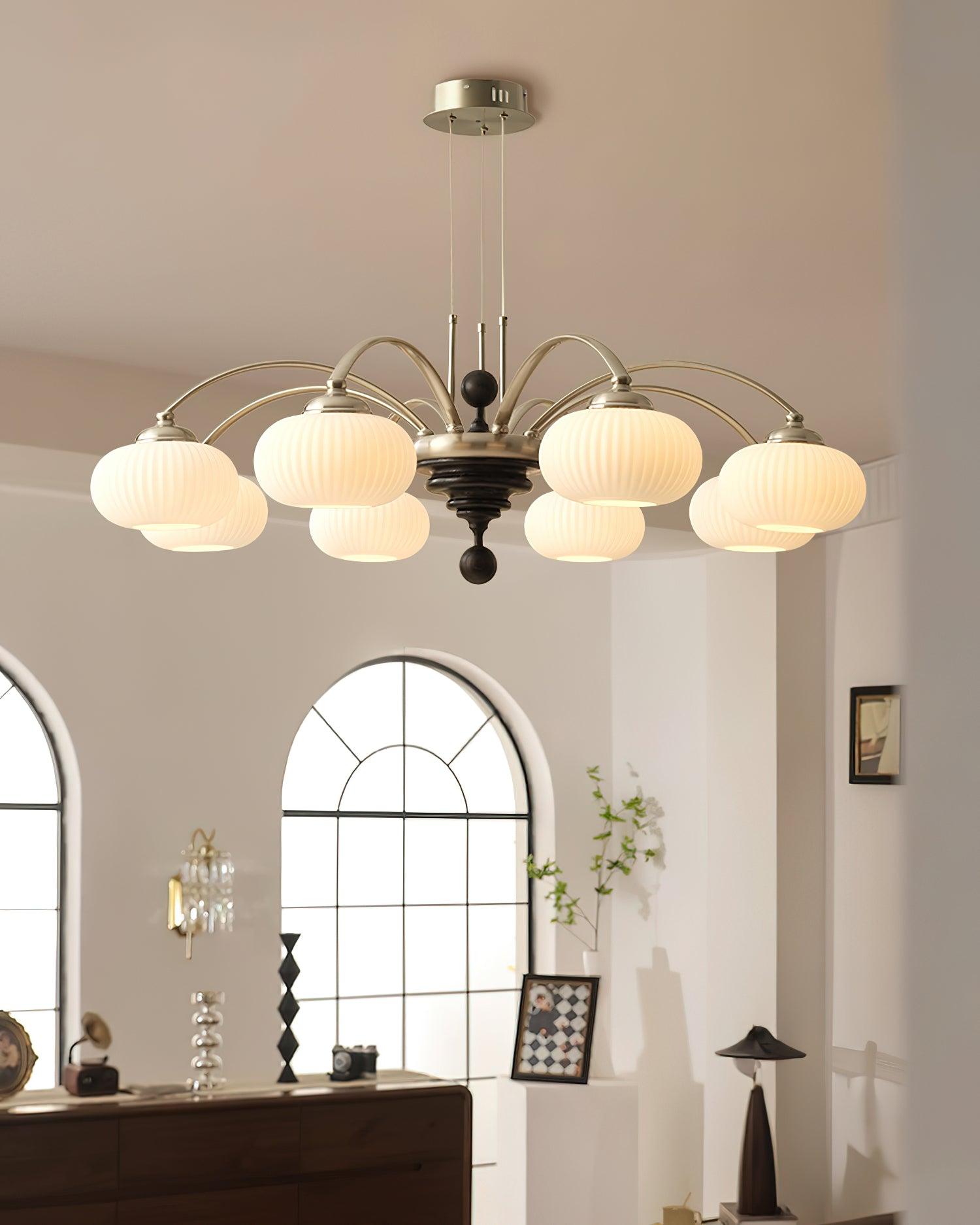 Multi-Light Wood & Glass Statement Fixture for Dining Rooms | Mixed Material Ceiling Light with Ribbed Shades | Modern Ambient Overhead Ligh | Thomler