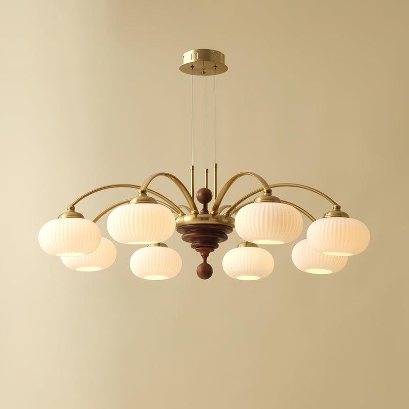 Multi-Light Wood & Glass Statement Fixture for Dining Rooms | Mixed Material Ceiling Light with Ribbed Shades | Modern Ambient Overhead Ligh | Thomler