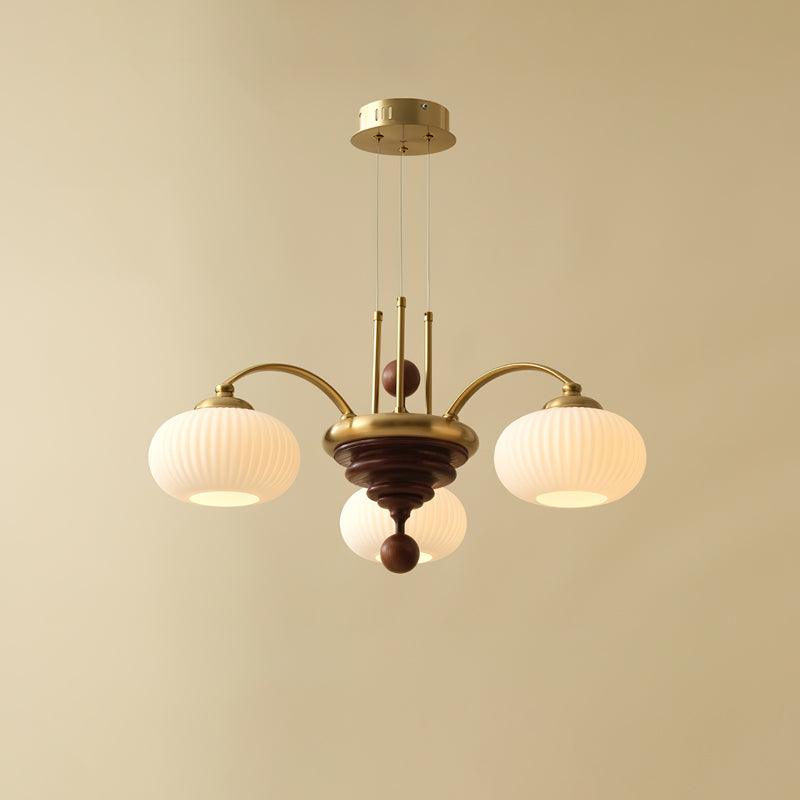 Multi-Light Wood & Glass Statement Fixture for Dining Rooms | Mixed Material Ceiling Light with Ribbed Shades | Modern Ambient Overhead Ligh | Thomler