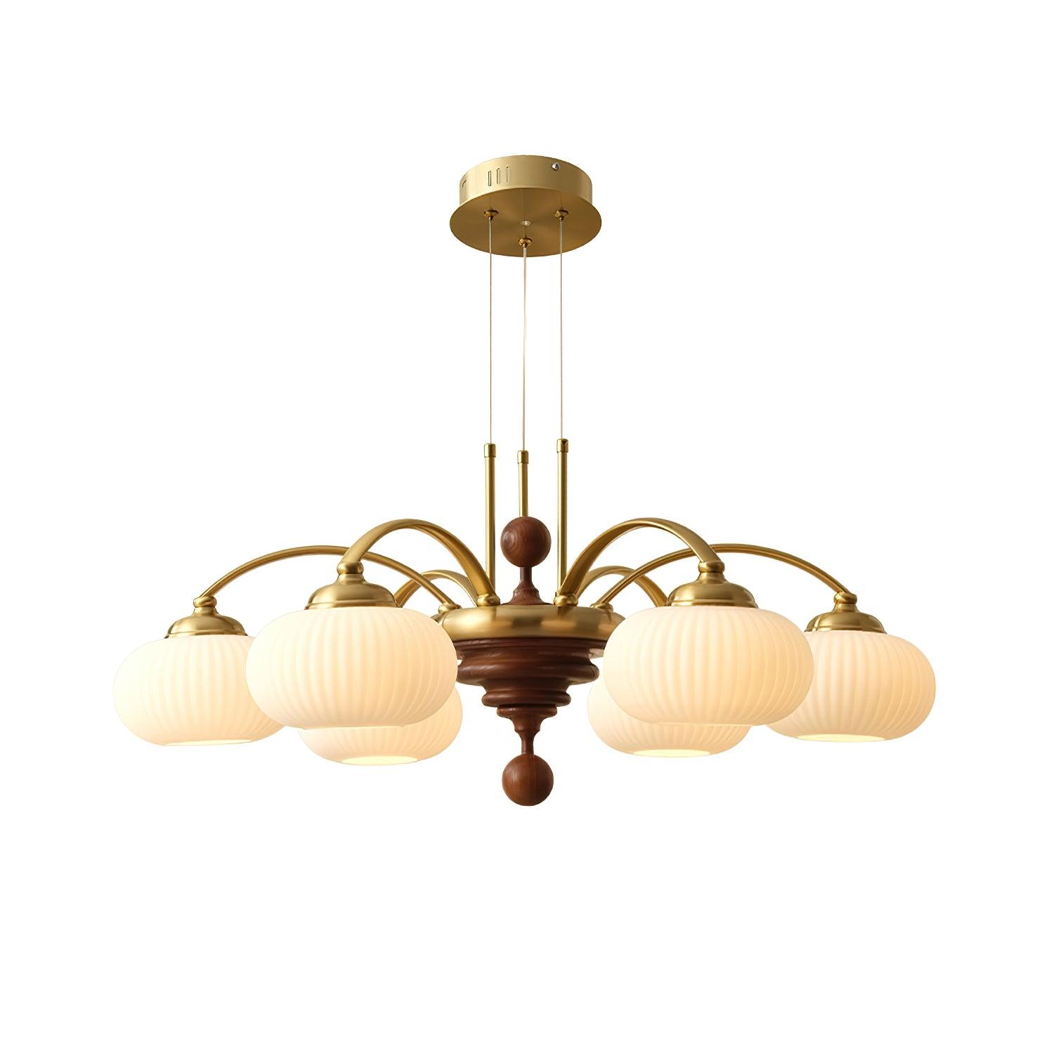 Multi-Light Wood & Glass Statement Fixture for Dining Rooms | Mixed Material Ceiling Light with Ribbed Shades | Modern Ambient Overhead Ligh | Thomler