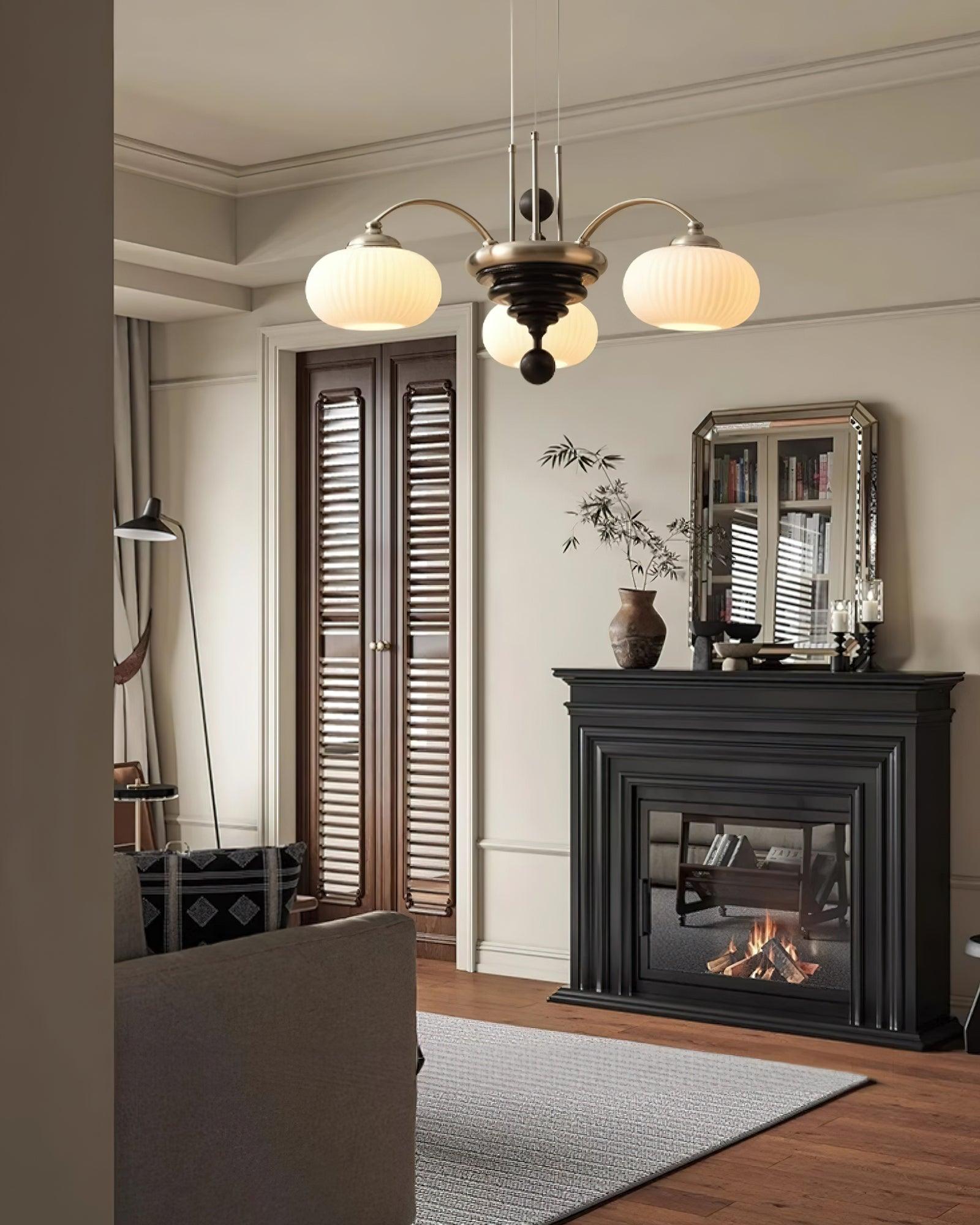 Multi-Light Wood & Glass Statement Fixture for Dining Rooms | Mixed Material Ceiling Light with Ribbed Shades | Modern Ambient Overhead Ligh | Thomler