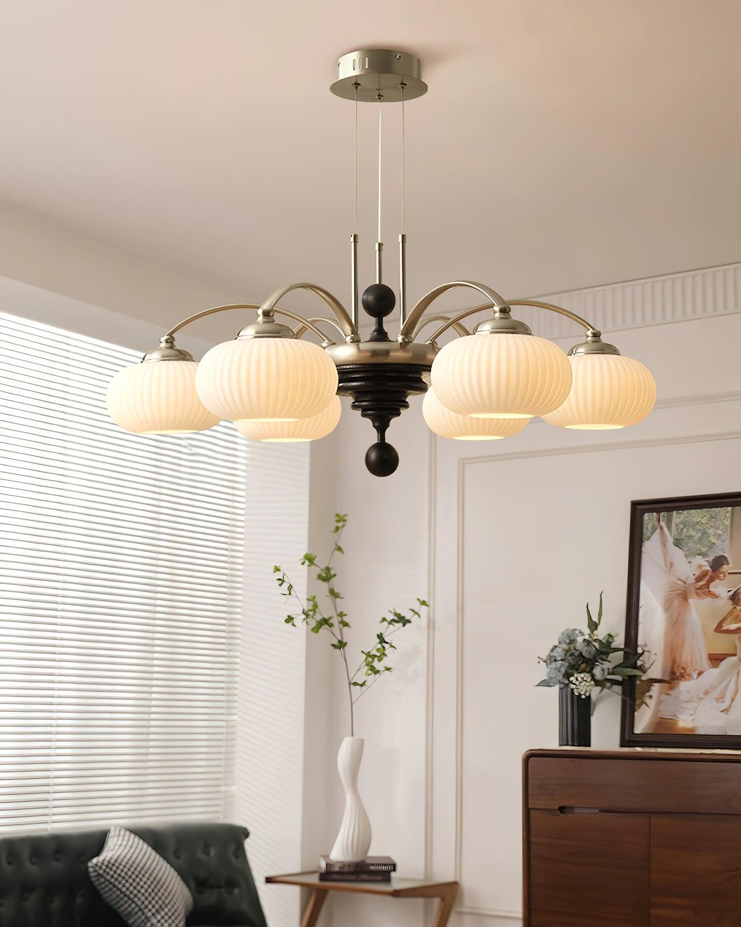 Multi-Light Wood & Glass Statement Fixture for Dining Rooms | Mixed Material Ceiling Light with Ribbed Shades | Modern Ambient Overhead Ligh | Thomler