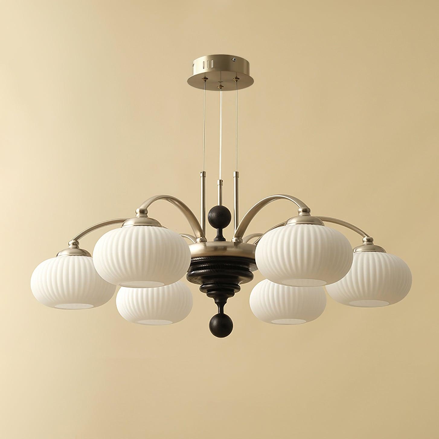 Multi-Light Wood & Glass Statement Fixture for Dining Rooms | Mixed Material Ceiling Light with Ribbed Shades | Modern Ambient Overhead Ligh | Thomler